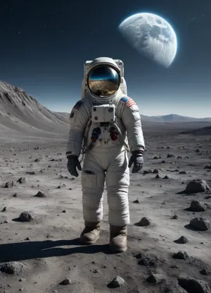 A lone astronaut stands on a desolate, moon landscape, gazing towards a distant, impossibly blue Earth rising above the horizon. Dust swirls around their boots. The suit is worn, bearing small scratches and signs of long service. Dramatic lighting, evoking a sense of profound loneliness and wonder at the vastness of space. Hyperrealistic, 8k.