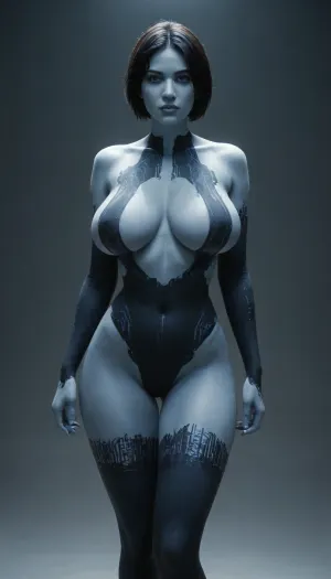 Cortana fully holographic with massive breasts, composed of blue light and digital scan lines, semi-transparent with no visible anatomy, clearly an AI projection, glowing edges, and a modest, sexy silhouette similar to Halo CE, background of digital lines similar to the matrix but blue