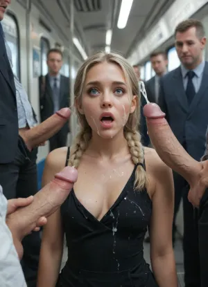 Girl with black sexy boho dress, blonde braids, boys, multiple cumshots, public Train, massive cum on dress, penis jerking, cum on face, extrem shocked, big open eyes, one breast out
