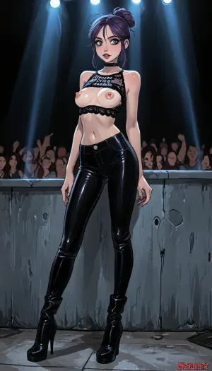 reiq style and Jack cayless art style, Full body, woman, 21 years old, (neon blue purple), black light, (phosphorescent), (messy bun), underground rave club, secret, cyberpunk dance music, ((disco lights)), lace shirt, (very long nipples), skinny, Ultimate realistic photo details, dynamic sexy pose, small curved round breasts, bottomless, detailxl, clothes, ratatatat74, <lora:LCMTurboMix_Euler_A_fix:1.4>, <lora:EnvyBeautyXL02:1>, <lora:mk_Bp Anime_xl:1>, <lora:EnvyAnimeDigitalPaintingXL01:1>, <lora:ratatatat74-000050:1.9>