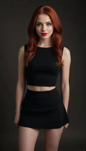 1girl, green eyes, skirt, black skirt, red hair, hand on own hip, red lips, smile, makeup, long hair, lipstick, miniskirt, sleeveless, brown hair, masterpiece, best quality, simple background