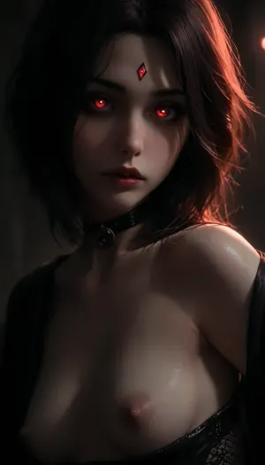 Charming girl, (charming red eyes, bright glowing pupils:1.5), Night, ultra detailed, HD, masterpiece, best quality, high resolution, hires, score_9, score_8_up, score_7_up, score_6_up, (DC comics titans raven:1.4), detailed face, light Grey skin, short black hair, purple hightlights in hair, goth make up, red diamond on forehead, slim body, dark purple skin tight one-piece, black fishnet leggings, long dark purple Rangers cloke and hood, black leather choker, small nipples, slim ass, ahegao expression, unshaven hairy pussy, big bush pussy hair, laying on side, posing for viewer, at night, on a small island, titan tower from DC comics in background, bright red moon, detailed background, side view, close up, ratatatat74, incase style, fantasy, raven, ((dark background)), <lora:zavy-hrglw-sdxl:2>, <lora:DetailedEyes_V3:2>, <lora:dark:2>, <lora:ratatatat74-000050:1.3>, <lora:Raven_XL:1.6>