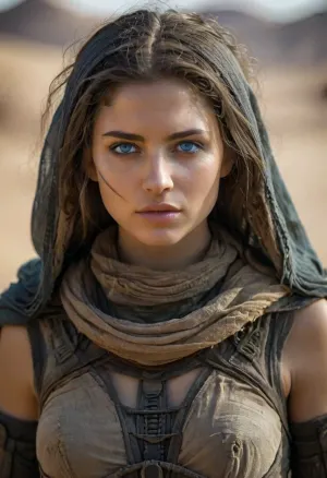 She stood like a shadow woven from desert storms, slender, poised, and radiating a quiet intensity born of survival and conviction. Her eyes, fully blue with the spice of Arrakis, shimmered with the fierce clarity of one who has seen both death and prophecy. Framed by the dark folds of her still suit, her face was both striking and severe, angular cheekbones kissed by the harsh sun, lips set in a line that could soften or sharpen with a single thought.

Her hair, long and dark as the deep desert night, was braided in the traditional Fremen style, adorned with tiny rings etched with sketch symbols—marks of victories, lineage, and solemn oaths. She bore a cry knife at her hip, carved from the tooth of a sandworm, and she moved with the silent precision of someone who had danced across dunes since childhood.

Though young, perhaps only in her early twenties, there was an ancient resolve in her bearing. She had killed and grieved and led raids beneath twin moons. Yet in rare, unguarded moments, her laughter, like water found in the desert, hinted at a soul not yet hardened by war, still capable of dreams beyond the sand.

She was a woman of the sketch, a sister of the sand, and a warrior of Arrakis—beautiful not despite the desert, but because of it.
realistic detailed face, realistic detailed hair, realistic detailed body, realistic detailed skin, realistic detailed breasts, random view angle, action pose, detailxl, nostril, plug, blue, eyes, cloak, <lora:add-detail-xl:1.5>, <lora:style_lora_realis:.5>, <lora:Dune1024:1>