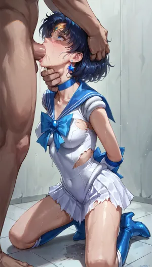 anime, best quality, Sailor Mercury, ripped costume, breasts exposed, hands behind back, kneeling, (face fuck, deep throat), humiliated