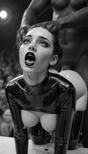 8k, uhd, a gorgeous goth girl with thigh high black platform boots is pinned in, ((doggystyle)), by a large dominant man, she has a look of surprise and blissful sensation at taking a huge cock inside of her publically, it is filling her up physically and fulfilling her deep sensual desires to be roughly taken by this man on a small raised circular stage under a single spotlight in front of a, ((very small intimate crowd of latex wearing voyeurs in a very small sex club)), black lipstick, makeup, (pulling her head back, hand on head:1.1), (glistening skin:1.3), latex clothes, erect nipples, leather, latex, interracial, legs akimbo, (raised circular pedestal:1.3), (spotlight:1.3), (cock in pussy:1), (close-up:1.2), (beautiful face:1.4), (pleasure, moaning:1), large eyes, ahegao, (drool), (artistic black and white photographic erotica:1.4), <lora:ahegao_sdxl_v4:.9>