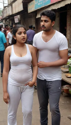 25 years old young beautiful urban shy indian bengali woman perfect curvy figure, enormous boobs, smoky horny eyes, prominent face, puffy thick lips, little fat on belly, sweating wet oily glistening body, dark lipstick, sweating wet glistening oil covered shiny wet glistening body, wearing a skintight transparent thank top and a baggy pants and jogger's shoes, talking with two younger male boys standing in a city alley in front of a crowded roadside tea stall, standing among two boys, talking with the little boys