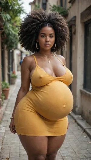 tall curvy slim thick, huge pregnant belly, african bbw 40 years old, yellow bodycon mini dress, huge boobs, huge hips, huge thighs, afro hair
