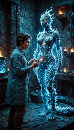 Fire Naked woman with a lizard tail standing, completely covered in silvery scales, large breasts, her breasts are tight and hanging to the floor, the woman is naked. She has a lizard tail, the tail is as long as her body. The tail is raised up. It is covered with scales, the skin is covered with scales, the woman fire has scaly skin the scales are ashy silver, (correct tail positioning), (no missing limbs), (han, yu, long, huang\), ral-embrglt, DonMF1r3y4by55XL, monster, made, of, r3psp1k3s, reptile, skin, spines, <lora:ral-embrglt-sdxl:2>, <lora:DonMF1r3y4by55XL:2>, <lora:SG2:2>, <lora:deepbeastxl-000004:2>, <lora:r3psp1k3s:2>