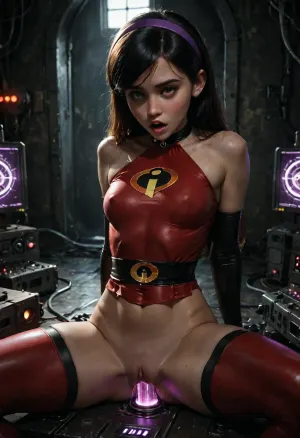 Violet Parr, adult woman, 36 years old, pre orgasm face, big mouth opened, (covered b cup breasts, pointy nipples), red superhero cropped bodysuit, bare shoulders, shaved pussy exposed, violetparr, The Incredibles, very long black hair, purple hairband, purple eyes, looking up, arms behind back, futuristic pink energy sex machine, hydraulic system, purple glowing indicators, mechanical orgasm generator, big purple glowing robotic pump is diving deep into vagina, robotic pump is big, girly curvy design, exaggerated squirting, science fiction, knight of the rose theme, cyber, glowing consoles, thick purple cables connected to pump, health monitors, purple glowing lights, complex machinery, interior blue glowing window, detailed background, neon blue light, backlight, side light, sexmachine, 1girl, spread, legs, stationary, restraints, DonMR0s30rd3rXL, rose, knight, cyborg, <lora:Violet_Parr_-_The_Incredibles_-_SDXL1.0:.8>, <lora:sexmachine_XL_0_:1.6>, <lora:DonMR0s30rd3rXL-000012:1>, <lora:dark:.1>, ral-gamingrig, <lora:ral-gamingrig-sdxl:.8>