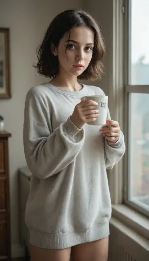 young brunette, petite slim build, in an oversized short gray sweater dress, cozy morning at home, soft window light, fresh no-makeup face, pensive gaze of dark grey eyes, slight shadows under eyes, natural pink lips, peach fuzz on face highlighted by light, messy black hair, holding a mug of coffee, pose of cozy solitude, quiet morning atmosphere, full body shot, intimate portrait, highly detailed, warm tones