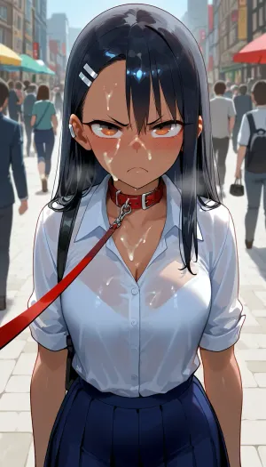 Hayase Nagatoro, crowd, public, Look a viewer, frown, face covered cum, cum on face, facial cum, angry expression, walking, outdoor, Model, fully clothed, leash, leash pulling