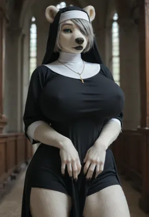 Anthro, polar bear woman, anthrofied, ursine female, furry body, thick lips, black lips, gray hair, shorts hair, hair covering one eye, japanese cut, (nun clothing, covered body:1.3), huge breasts, (hyper breasts:1.15), very skinny body, (front view), finger claws, (((furry art, anthro woman))), ultra detailed face, <lora:add-detail-xl:1.2>