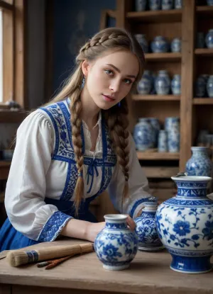 A stunningly beautiful Russian artisan woman with long braided hair, wearing a traditional embroidered folk costume, meticulously painting intricate cobalt blue floral patterns on a white porcelain vase with a fine brush, Gzhel art style. She is sitting in a sunlit rustic workshop. The table is filled with ceramic jars, blue paint, and brushes, Soft cinematic lighting, dust motes dancing in the light, highly detailed, realistic texture, masterpiece.