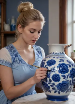 A Gzhel vase being painted by a blonde Russian woman with a brush resting on the white vase. Painting a Gzhel-style ceramic vase in a Russian workshop illuminated by the golden hour, which details and enhances the details, (hair of a skilled blonde Russian woman in a bun:1.3), (intense painting of a Gzhel vase, application with a fine brush:1.2), (intricate motifs of cobalt blue roses:1.4), with gradient on a fine white Gzhel ceramic vase, authentic rose patterns painted on the vase, brush in hand painting dynamic movement, precise strokes, cozy kiln shelves in the background, warm light from the windows directly on the vase and the woman and her hands, cinematic close-up from well below, a crisp and ultra-detailed 8k masterpiece