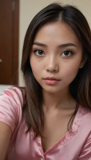 ((dark brown hair, Thai girl)), (blonde streaks), (brown eyes), Stylish selfie featuring a 18 yo Asian girl, (beautiful eyes:1.3), looking straight into the camera, looking at viewer, cute nose, sweet look, ((small, petite:1.3)), cute young Japanese. pink satin pajama, pink satin string top, cleavage, small tits, the angle of the shot is slightly tilted, capturing a laid-back, influencer-inspired vibe, fine detail, (photo realistic:1.3), (high resolution:1.3), (crystal clear:1.3), <lora:JapanZ_Big_Eyes:.8>