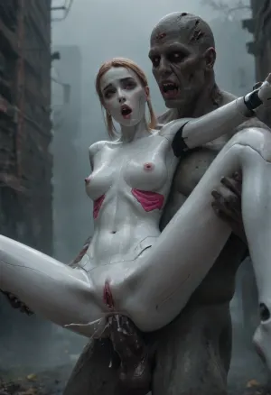 old forest by a castle, highest quality, (fog:1.8), night time, dynamic full body view, Bimbo, (Full robot skin:2.3), android skin, robot Bot, woman, 18 years old, (Skinny:1.4), freckless ON body, bald, cute, cum ON body, (screaming orgasm expression), surprised, (oiled body:1.5), fear face, Robot, Skin, Android, monster penis, penis on pussy, sweating, doggy style sex position, cumming, (full anal penetration:1.9), post-apocalyptic, world, decay, skin, zombie, zombies, cityscape, (((double_penetration))), fucked, hetero holding interspecies zombie mounting, (((ugly, terrifying, (zombie)), ((zombie)), male)), only 2 penis in scene, random sex position, pussy sex, (with spread legs:1.2), (zombieextremely full anal penetration), (excessive cumshot:1.5), (excessive cumshot on the body), (sperm pours all over the body), (excessive cumshot on the legs), ((shocked:1.5)), oiled body melkor mancin style, <lora:robot_skin_XL_1.0.6:2>, <lora:UZombies:2>