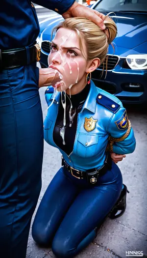 blond tied hair, french, 30 years, very big tits, brown eyes, french police jacket, police blue long pant, big thigs, hands tied behind back, cum on face, in Paris street, cum overload outside of mouth, on knees, 170 cm, forced deepthroat by men, front of car, disgusted reaction