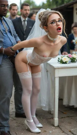 ((interracial)), beautiful youthful slim petite slender young bride at wedding party, full lips, blonde hair, hairbun, conservative white wedding dress, garter belt and sheer white stockings, white high heels, red lipstick, (hands tied with duct tape:1.3), wedding bouquet, surprised, open mouth, (bend over table), (anal fucked by old dirty homeless man), huge cock, (3rd person), anal sex, (doggy style anal sex), rough anal sex, very deep anal penetration, hard fucking, outdoors, wedding guests watching, crowd, late afternoon, realistic detailed face, realistic detailed hair, realistic detailed body, realistic detailed skin, realistic detailed very small breasts, realistic detailed very tight pussy, (High, Resolution), (More, Details), (8K), 4ng3l, face, detailxl, <lora:checkpoint-e100_s400:1.3>, <lora:add-detail-xl:1.5>, <lora:style_lora_realis:.5>, <lora:SDXL_BetterFaces-LoRA_v1:.8>, (((collar))), (((glasses)))