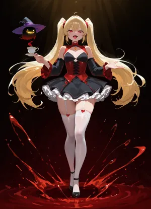 score_9, score_8_up, score_7_up, score_6_up, source_anime, 1girl, 25yearold, solo, blonde hair, long hair, twintails, very long hair, red eyes, smiling, mischievous expression, open mouth, tongue out, cute fangs, beautiful detailed face, sharp eyes, (petite goth witch outfit:1.3), red frilly dress, red corset, black ruffled skirt, white petticoat, detached black sleeves, puffed shoulders, orange gem pendant necklace, heart-shaped red gems, white thighhigh stockings, garter belts with red heart charms, black high heels, arms posing dynamically, holding teacup and saucer in hands, tea party pose, magical night sky background, starry dark blue sky, moonlit, dramatic lighting, volumetric fog, (masterpiece, best quality, ultra-detailed, highres, finely detailed, sharp focus:1.2)