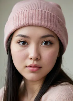 ultra realistic close-up beauty portrait, young chubby asian woman, long straight black hair framing the face, wearing a beige knit beanie hat with small decorative buttons, hat covering the forehead slightly, natural freckles scattered across nose and cheeks, soft pink blush on cheeks, slightly flushed skin, smooth but real skin texture, visible pores, subtle glossy lips, neutral expression, eyes looking slightly upward and sideways, calm and detached mood, tight face framing, extreme close-up, soft natural indoor light, even diffused lighting, no harsh shadows, neutral minimal background, light gray or off-white, fashion beauty photography, editorial style, high resolution skin detail, 85mm lens look, shallow depth of field, clean composition, no props, no text