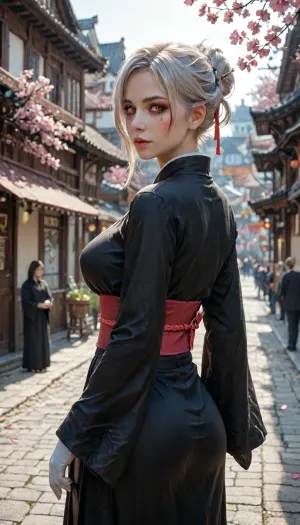 Big firm natural breasts, arlecchino_\, (genshin_impact\), white hair, Mascara running, ((Red glowing pupils)), white_gloves, extreme realism, maximum detail, slim figure, detailed skin, real lighting, ultra high details, super waist, detailed background, perfect detailed body, detailed skin texture, cute face, realistic face, <lora:detailed_notrigger:2>, <lora:add-detail-xl:.8>, <lora:LCMTurboMix_Euler_A_fix:.8>, rear view, curvy ass, big butt, In a clearing with birds, in the background is a medieval city with cherry blossoms, black Kimono, Wide, sleeves, sash, obi, hair bun with chopsticks, a kitsune statue opposite, praying, reverence, <lora:Anime_Style_Japanese_Kimono_Dress:.8>