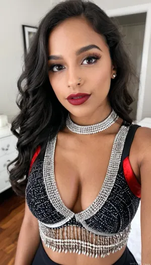 A realistic portrait of a young woman taking a selfie indoors. She has long, wavy black hair parted to one side, smooth medium-brown skin, and expressive dark eyes with smoky eye makeup. She wears deep red lipstick and a small nose stud. She is dressed in a sleeveless bra with an elegant, decorative metallic neckline featuring multiple silver chains and bead details arranged in a geometric pattern. The photo is taken at a slight angle from above, creating a soft, intimate selfie perspective. Natural indoor lighting, slightly cool tones, shallow depth of field. Background shows a simple bedroom interior with a wardrobe and light-colored walls. High detail, photorealistic, sharp focus, DSLR quality.