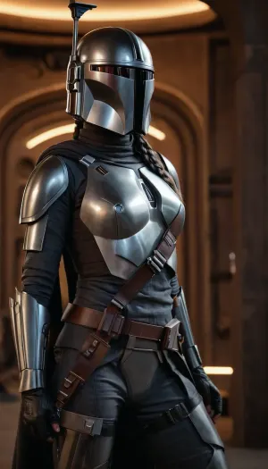 Uber realistic, 8k, ultra detailed, masterpiece, Star wars female, mandalorian, hair with a long braid, grey armor, black belt, black boots, grey mandalorian helmet, full Body Photo in sci fi setting, Future, Star wars, pussy, exposed, (pussy in view), (exposed pussy), (show pussy), bottomless, nude