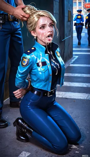 blond tied hair, french, 30 years, very big tits, brown eyes, french police jacket, police blue long pant, big thigs, hands tied behind back, cum on face, in Paris street, cum overload outside of mouth, on knees, 170 cm