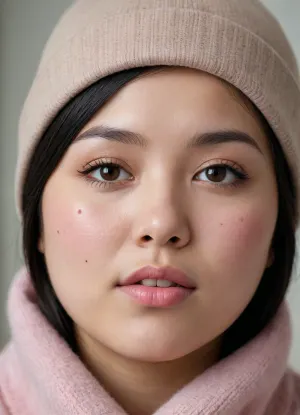 ultra realistic close-up beauty portrait, young chubby asian woman, long straight black hair framing the face, wearing a beige knit beanie hat with small decorative buttons, hat covering the forehead slightly, natural freckles scattered across nose and cheeks, soft pink blush on cheeks, slightly flushed skin, smooth but real skin texture, visible pores, subtle glossy lips, neutral expression, eyes looking slightly upward and sideways, calm and detached mood, tight face framing, extreme close-up, soft natural indoor light, even diffused lighting, no harsh shadows, neutral minimal background, light gray or off-white, fashion beauty photography, editorial style, high resolution skin detail, 85mm lens look, shallow depth of field, clean composition, no props, no text