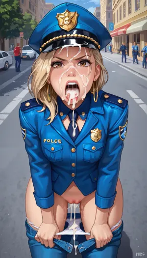 blond straight hair, french, 30 years, very big tits, brown eyes, french police jacket, big thigs, cum on face, in Paris street, cum overload outside of mouth, 170 cm, disgusted reaction, handcuffed, white panties pulled down, blue pants pulled down, visible pussy, doggystyle fuck, big ass