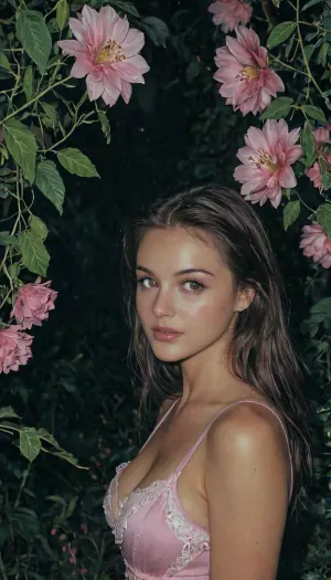 Night, dark, spotlight, Pink fantasy, fantasy land, pink foliage, pink flowers, photograph, girl, xdlx, style, very, focused, flash, photo, cn1990s, <lora:xdlx_style:2>, <lora:sdxl_darkflash_v6-000060:2>, <lora:cn1990s_v1.0:2>