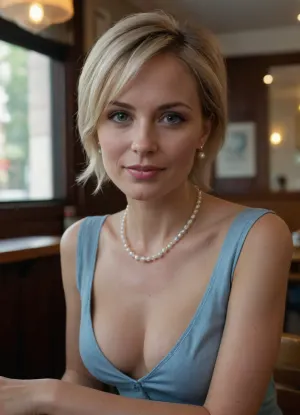 An insatiable passionate russian milf wearing a thin light blue feminine blouse and tight blue jeans is sitting in a coffee house craving attention and intimacy biting her lower lip with an innocent and shy look flashes her tits to the viewer, large neckline, Realistic woman, 40 years old, blue eyes, short blonde asymetrical unkempt pixie hair style, oval face with dimples, Model face, slim body, very tiny breasts, medium ass, intimate, seductive, small cleavage, pearl necklace, pearl earrings, wedding ring, makeup