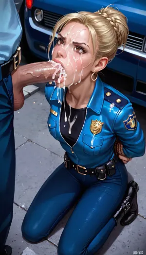 blond tied hair, french, 30 years, very big tits, brown eyes, french police jacket, police blue long pant, big thigs, hands tied behind back, cum on face, in Paris street, cum overload outside of mouth, on knees, 170 cm, forced deepthroat by men, front of car, disgusted reaction