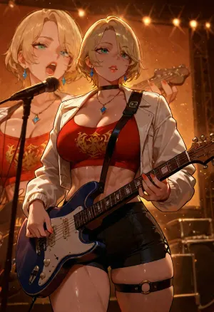 score_9, score_8_up, score_7_up, russian, anastasia_from_russia, highres, 1girl, abs, black_choker, black_shorts, blonde_hair, breasts, choker, cleavage, collarbone, crop_top, cropped_shirt, earrings, electric_guitar, eyelashes, green_eyes, guitar, guitar_strap, holding, holding_guitar, holding_instrument, instrument, jacket, large_breasts, lips, microphone, midriff, music, nail_polish, navel, necklace, o-ring, o-ring_thigh_strap, open_clothes, open_jacket, parted_bangs, parted_lips, projected_inset, red_lips, red_shirt, short_hair, shorts, singing, solo, stage, stage_lights, thigh_strap, toned, toned_female, white_jacket