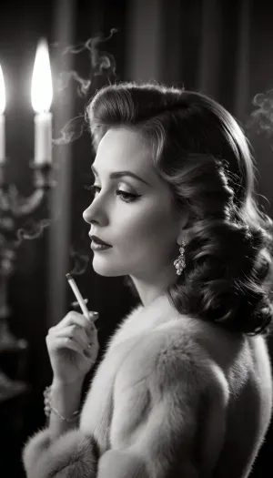 Create a vintage black and white image of a sophisticated woman in profile, elegantly styled with wavy hair and subtle accessories like hairpins and pearl jewelry. She holds a long cigarette holder, exhaling a thin trail of smoke. Drape her in a luxurious fur coat, with a soft focus background that enhances the aura of glamour and nostalgia. Emphasize the chiaroscuro lighting to highlight her features and create a classic, timeless ambiance.