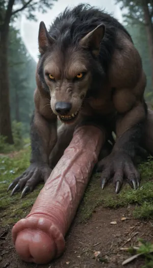 transforming into a werewolf, in the woods, massive giant veiny equine fully-erect hyper-cock as big as body, laying down howling up at the full moon, full body side View, excessively hairy body, long sharp claws, looking at viewer