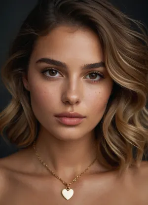 photorealistic close-up portrait of a stunning 20-23 year old Italian girl, extremely beautiful face, warm olive-toned skin with natural blush on cheeks, soft natural glow, detailed skin texture, visible pores, subtle freckles on nose and cheeks, big expressive brown eyes with long thick lashes, sharp winged black eyeliner, perfectly shaped arched eyebrows, small straight nose, full plump lips with nude-pink glossy lipstick, soft defined cupid's bow, heart-shaped face with high cheekbones, soft jawline, shoulder-length voluminous wavy hair, balayage caramel-blonde highlights on dark blonde base, beachy loose waves, face-framing layers, off-shoulder black top, delicate layered gold necklaces with small pendant and thin chains, seductive confident gaze looking directly at camera, slight head tilt, soft natural indoor lighting with warm tones, slight catchlight in eyes, ultra detailed face, hyperrealistic skin, 8k resolution, sharp focus, shot on Canon EOS R5, 85mm f/1.2 lens, cinematic color grading, topless, photorealistic, ultra realistic, raw photo, hyperdetailed skin texture, realistic pores