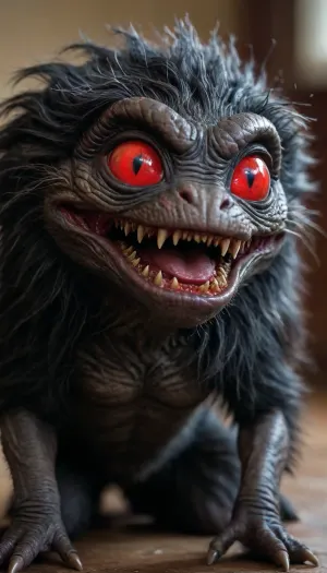 critters, alien, black fur, blood-red eyes, <lora:critters:2>