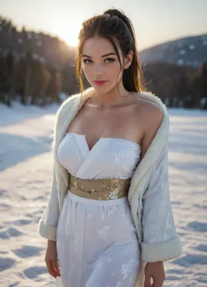 athletic, slender, giant breasts, slim waist, slim thighs, lipstick, ponytail, eyesline, eyesshadow, smirk, snow field, outdoor, outside, sun, noon, blue_sky, sunlight, snow, young lady, (White floral themed kimono well dressed:1.3), (fur stole), (fur sleeves), mesh transparent bandeau, /


Best quality, masterpiece, high resolution, high detail, perfect natural lighting, light shadow, best frame, bright theme, score_9_up, score_8_up, score_7_up, (extreme detailed), realism, (null art style:1.1), (markgavatino style:1.1), (reiq:.8), (Nouveau:.8), /


/, raw, lighting, overexposed, harsh, flash, <lora:M05_Intensify:.4>, <lora:attractive_notrigger:.8>, <lora:add-detail-xl:.8>, <lora:Rawfully Stylish v0.2_epoch_20:.4>, <lora:NSFW_Reality_Engine_XL05:.8>