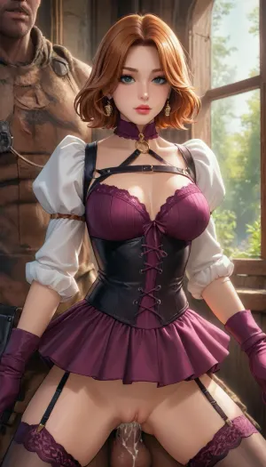 reiq meets markgavatino and melkor mancin artstyle, harness, garter, straps, cupless, bra, very, huge, striped, shirt, sleeves, neck, black, corset, purple, skirt, creampie, pussy, cum, in, cumdrip, onarmor, meatshield, fannypacking, <lora:Harness_Straps_sdxl:2>, <lora:attractive_notrigger:2>, <lora:sdxl-creampie-v02-e99:.8>, <lora:onarmor_xl:1.9>