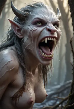 smooth, fantasy art illustration, women, frostbeast, intertwine with roots, shreds, fangs, dust, wet. /©KlTTY-ART/