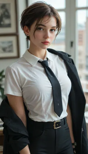 1girl, solo, Chinese girl, short pixie hairstyle, youthful suave face, bling ear stud, tight button shirt, skinny necktie, black pants, neat professional office wear, dark coat, fashionable women belt, expensive watch, proud look, 4ng3l, face, <lora:SDXL_BetterFaces-LoRA_v1:1.2>, <lora:style_lora_realis:1.8>