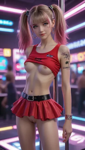 1woman, picture of 30-year-old stripper, natural cutie, caucasian, alluring smile, blonde, twin_tails, (anorexic figure:1.4), (slim hips:1), (skinny thighs:1), (skinny ass:1), (bare breasts:1.2), (shirt lift:1.2), (red tank_top:1.2), (upskirt:1), (bare pussy:1.2), (ruffled miniskirt:1.2), jeweled bellybutton piercing, bows and ribbons, hoop earrings, bracelets, rhinestones, tattoos, stripper_pole, ((neonpunk style, cyberpunk, vaporwave, neon, vibes, vibrant, stunningly beautiful, crisp, detailed, sleek, ultramodern, magenta highlights, dark purple shadows)), (((in futuristick strip club))), secret, cyberpunk dance music, ((disco lights)), ambiance, cheerful girl, (detailed face, detailed hair:1.1), 8k, masterpiece, (realism:1.1), (realistic:1.1), (hyper realistic:1.1), (ultra realistic:1.1), but, <lora:BUT_SDXL_SHS:2>