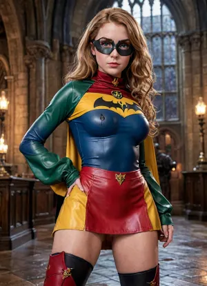 Scope_9, score_8_up, score_7_up, 4k photorealistic, detailed harry potter background, rear view, Hermine Granger from harry potter, Hermine Granger from harry potter costume, looking to viewer, (sexy batman mask:1.3), far too tight transparent latex top reveals deep cleavage to generous bust, sexy apple sized ass with plump buttocks, far too short and far too tight latex mini skirt hugging the buttocks, thigh highs, winking, fully clothed, erect nipples under clothes, long sleeves, thick thighs, cameltoe, panties, pussy juice, muscular female, highly detailed stunnung beautiful face, gryffindor, uniform, emblem, black, robe, slytherin, hufflepuff, ravenclaw, quidditch, elbow, protections, armor, trausers, red, light, blue, dark, green, yellow, <lora:detailed_notrigger:1.6>, <lora:LCMTurboMix_Euler_A_fix:1.2>, <lora:harry_potter_v1:.6>