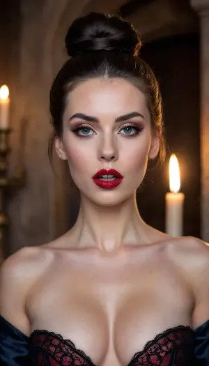 a hyper realistic ultra detailed photograph of a beautiful naked adult woman in a castle at sunset, Nordic headmistress with shiny black hair, (((hair bun))), perfect face, perfect nose, full lips, (very pale skin), (white skin), very sexy, fashion pose, detailed symmetric beautiful eyes, detailed gorgeous face, ((castle luxurious interior)), light from fireplace, exquisite detail, skinny body, (naked), front view, (gothic makeup), red lipstick, long eyelashes, erect detailed nipples, cleavage, breasts, (close up view), ((very dark areolas)), gorgeous breasts, (nipples visible), black vampire, vampire teeth, (((open mouth))), (((vampire fangs))), burning candles, (darkest), Hyper Smoke, background, black, backlit, theme, Dark Fantasy, dark, nipples, wearing glasses, pale skin, blue lipstick, (full frame view), angry attitude, arrogant attitude, dominant face, bitchy face, ((Looks disapproving at the camera:1.3)), looking very angry and upset at the camera view, looking at the viewer, intense stare, look at the viewer, eye contact, looking at camera