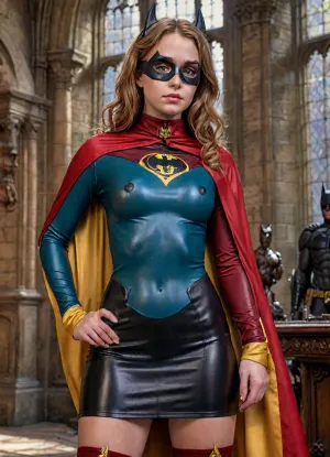 Scope_9, score_8_up, score_7_up, 4k photorealistic, detailed harry potter background, side view, Hermine Granger from harry potter, Hermine Granger from harry potter costume, looking to viewer, (sexy batman mask:1.3), far too tight transparent latex top reveals deep cleavage to generous bust, sexy apple sized ass with plump buttocks, far too short and far too tight latex mini skirt, thigh highs, winking, fully clothed, erect nipples under clothes, long sleeves, thick thighs, cameltoe, panties, pussy juice, muscular female, highly detailed stunnung beautiful face, gryffindor, uniform, emblem, black, robe, slytherin, hufflepuff, ravenclaw, quidditch, elbow, protections, armor, trausers, red, light, blue, dark, green, yellow, <lora:detailed_notrigger:1.3>, <lora:LCMTurboMix_Euler_A_fix:1>, <lora:harry_potter_v1:.5>