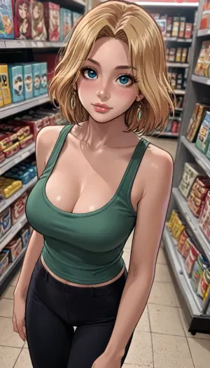 ((Melkor mancin style)), reiq style, At store, (view from above, close up:1), blonde, seductive face, green tank top big cleavage with righ leggings, big tits, ratatatat74, kinomoto, sakura, daidouji, tomoyo, Li, Syaoran, Meiling, kero, <lora:LCMTurboMix_Euler_A_fix:.8>, <lora:ratatatat74-000050:1.1>, <lora:EnvyBeautyXL02:1.3>, <lora:mk_Bp Anime_xl:1.2>, <lora:Card Captor Sakura Anime_XL:1.9>