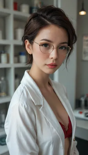 1girl, solo, Chinese asian girl, short pixie hairstyle, mature suave face, nerd spectacles, red bra, red panty, white lab coat, laboratory, 4ng3l, face, <lora:SDXL_BetterFaces-LoRA_v1:1.2>, <lora:style_lora_realis:1.8>