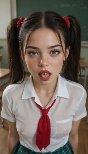 18 year old petite girl from school with straight long black hair, pigtails, wearing school uniform open in front, in the classroom, green eyeliner, cum all over face, freckles, red lipstick, young face, big red plastic shiny massiv ball gag, big puffy swollen areolas and puffy nipples