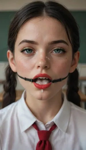 18 year old petite girl from school with straight long black hair, pigtails, wearing school uniform, in the classroom, green eyeliner, cum all over face, freckles, red lipstick, young face, big red plastic shiny massiv ball gag